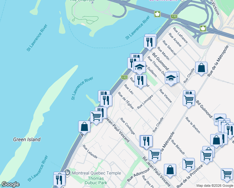 map of restaurants, bars, coffee shops, grocery stores, and more near 10 Rue de l'Église in Montréal