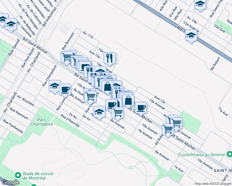 map of restaurants, bars, coffee shops, grocery stores, and more near in Montreal