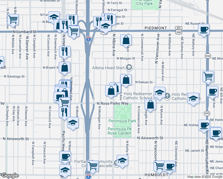 map of restaurants, bars, coffee shops, grocery stores, and more near in Portland