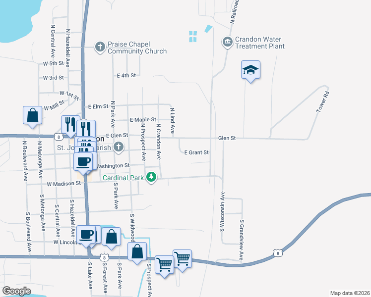 map of restaurants, bars, coffee shops, grocery stores, and more near 903 East Grant Street in Crandon