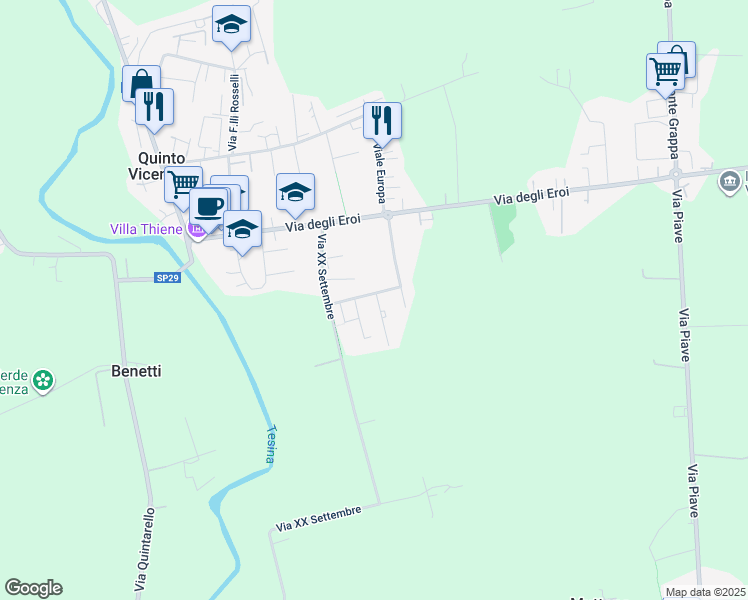 map of restaurants, bars, coffee shops, grocery stores, and more near 111 Via XXV Aprile in Quinto Vicentino