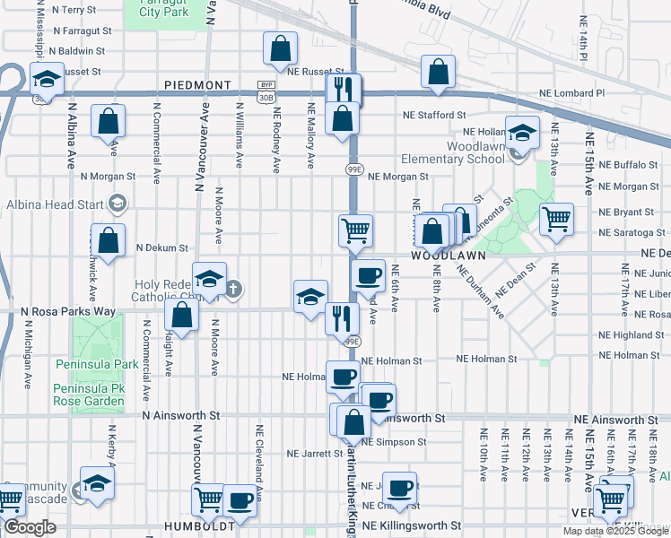 map of restaurants, bars, coffee shops, grocery stores, and more near 6700 Northeast Garfield Avenue in Portland