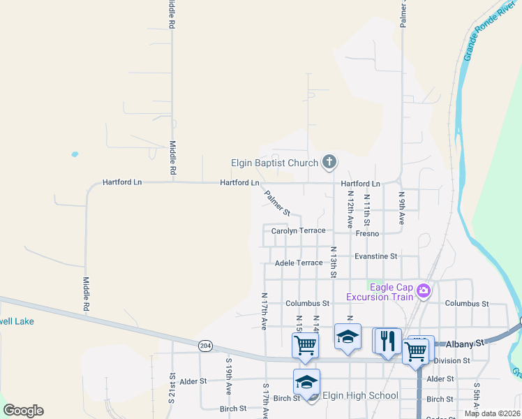 map of restaurants, bars, coffee shops, grocery stores, and more near 1670 Palmer Street in Elgin