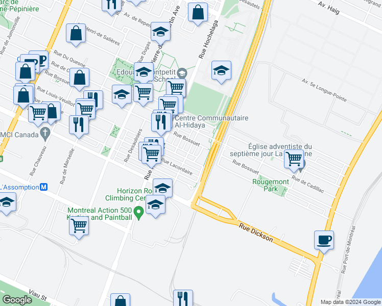 map of restaurants, bars, coffee shops, grocery stores, and more near 5862 Rue de Toulouse in Montréal