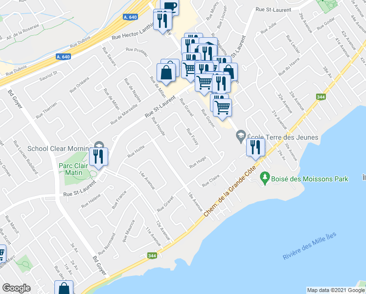 map of restaurants, bars, coffee shops, grocery stores, and more near 265 Rue Hugo in Saint-Eustache
