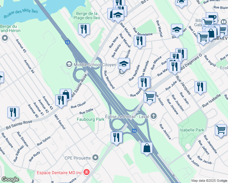 map of restaurants, bars, coffee shops, grocery stores, and more near 761 Rue Normand in Laval