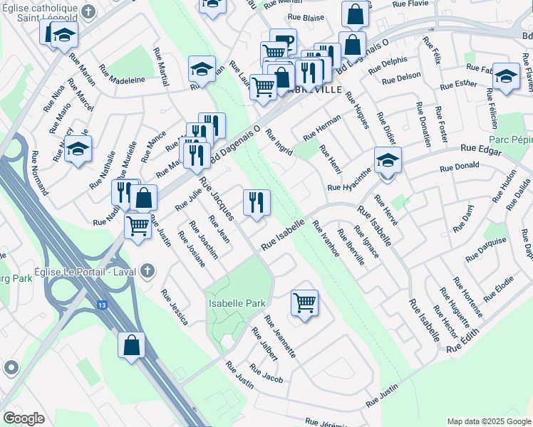 map of restaurants, bars, coffee shops, grocery stores, and more near 3651 Rue Jonathan in Laval