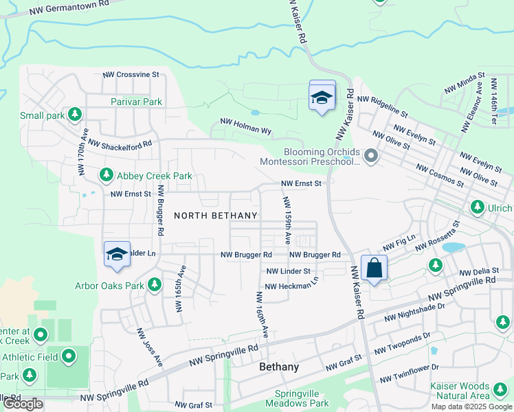 map of restaurants, bars, coffee shops, grocery stores, and more near 16106 Northwest Reliance Lane in Portland