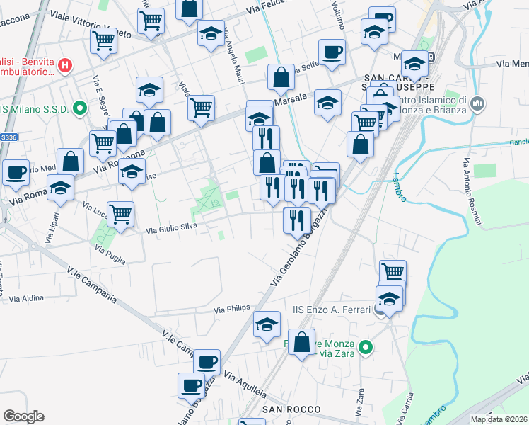 map of restaurants, bars, coffee shops, grocery stores, and more near 33 Via Francesco Domenico Guerrazzi in Monza