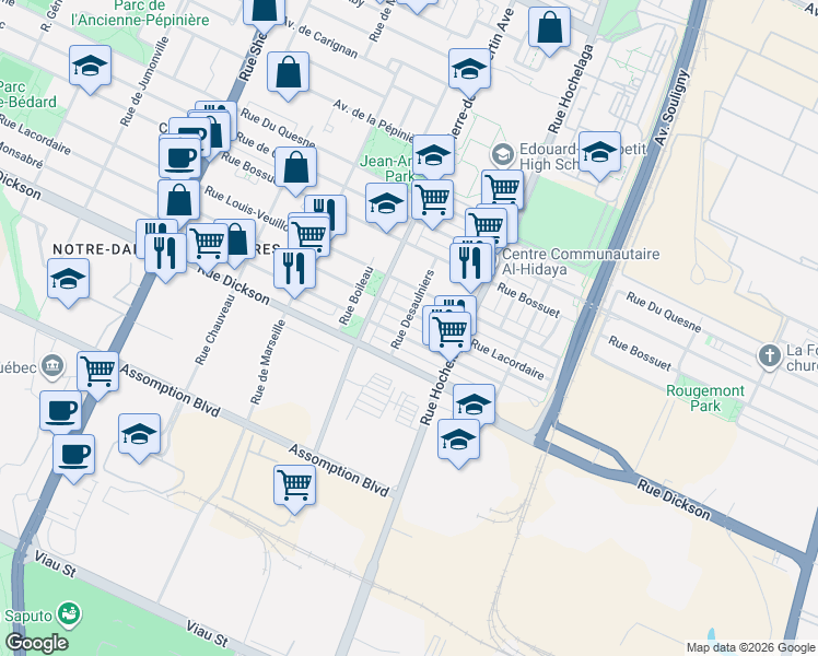 map of restaurants, bars, coffee shops, grocery stores, and more near 5762 Rue Desaulniers in Montréal