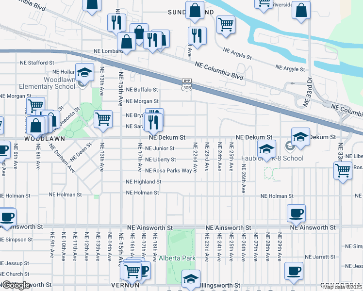 map of restaurants, bars, coffee shops, grocery stores, and more near 2023 Northeast Junior Street in Portland