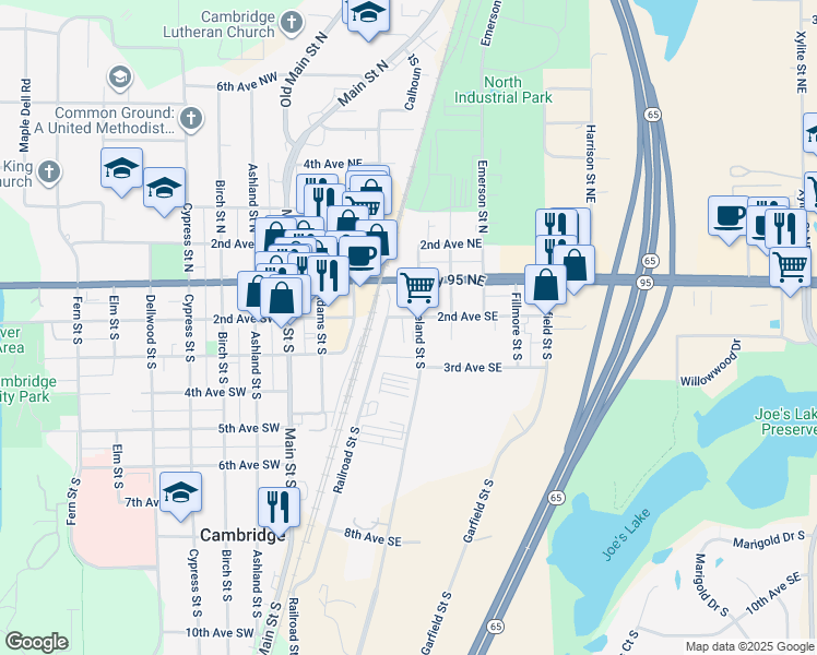 map of restaurants, bars, coffee shops, grocery stores, and more near 211 Cleveland Street South in Cambridge