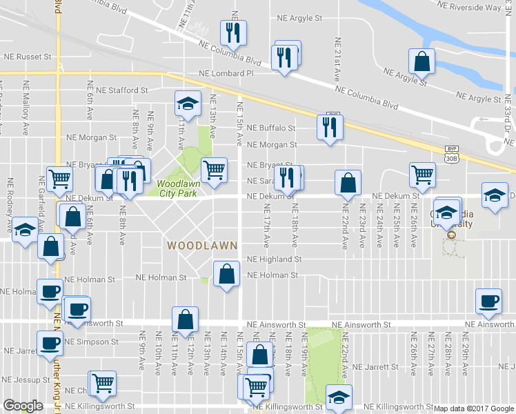 map of restaurants, bars, coffee shops, grocery stores, and more near 1617 Northeast Junior Street in Portland