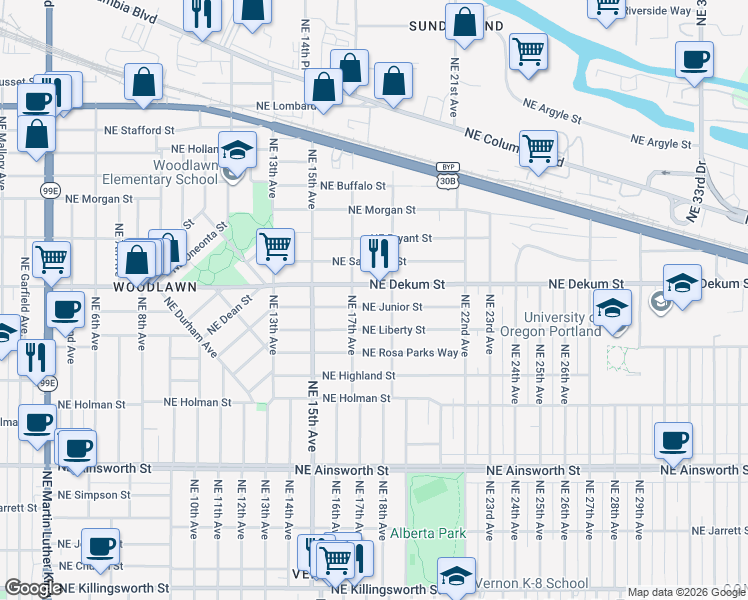map of restaurants, bars, coffee shops, grocery stores, and more near 1743 Northeast Junior Street in Portland