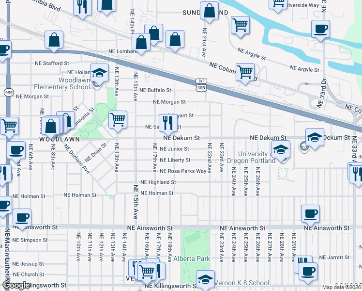 map of restaurants, bars, coffee shops, grocery stores, and more near 1829 Northeast Junior Street in Portland