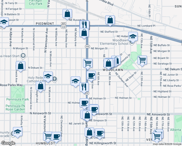 map of restaurants, bars, coffee shops, grocery stores, and more near in Portland