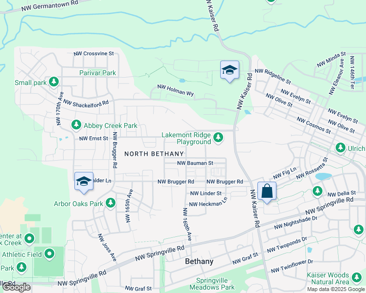 map of restaurants, bars, coffee shops, grocery stores, and more near 16106 Northwest Reliance Lane in Portland