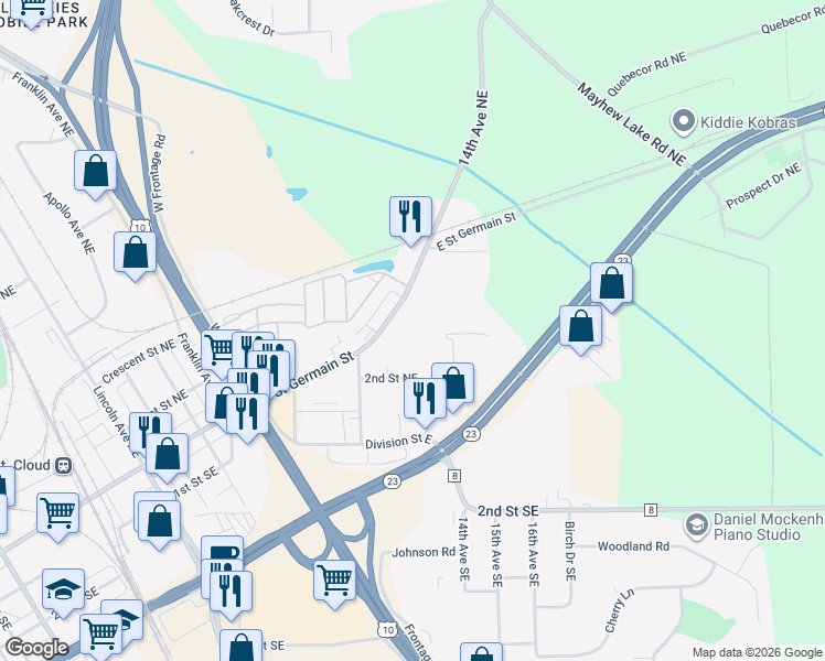 map of restaurants, bars, coffee shops, grocery stores, and more near 1252 East Saint Germain Street in St. Cloud