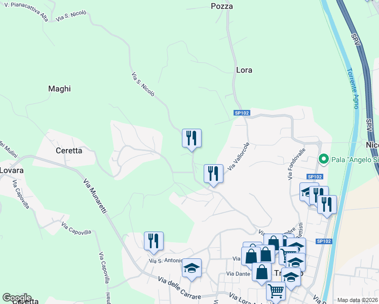 map of restaurants, bars, coffee shops, grocery stores, and more near 45 Via San Nicolò in Trissino