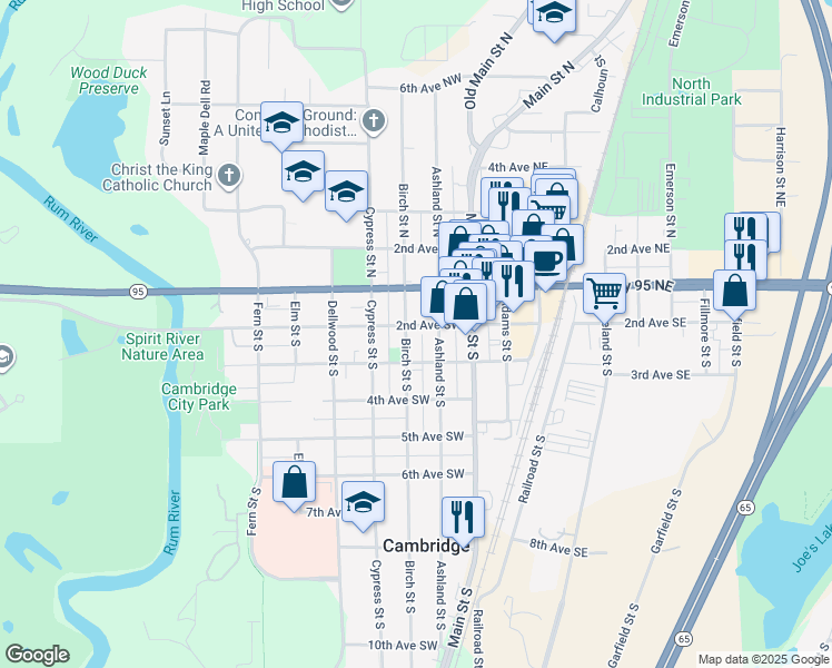 map of restaurants, bars, coffee shops, grocery stores, and more near 237 2nd Avenue Southwest in Cambridge