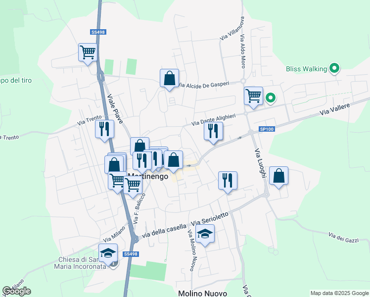 map of restaurants, bars, coffee shops, grocery stores, and more near 23 Via Colleoni in Martinengo