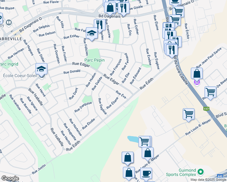 map of restaurants, bars, coffee shops, grocery stores, and more near 315 Rue Éva in Laval