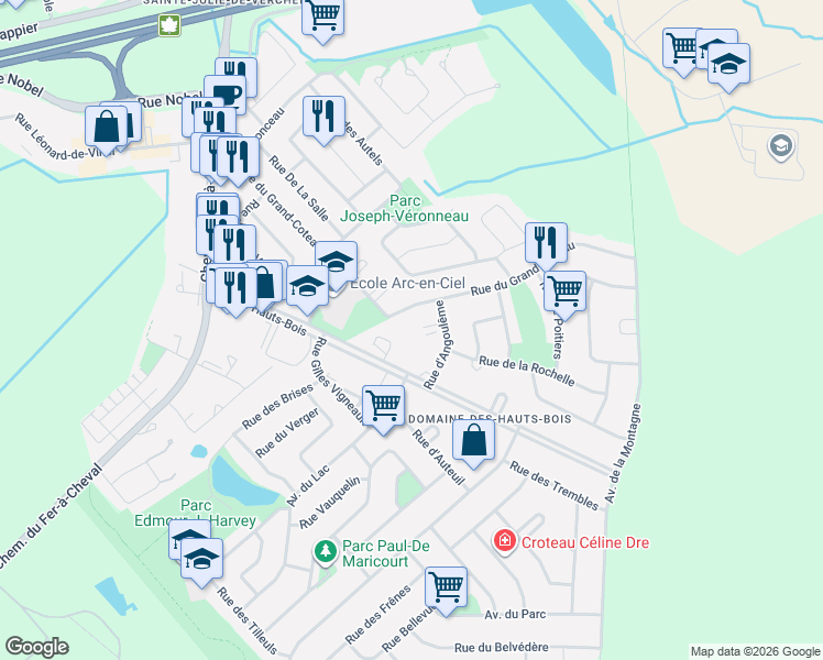 map of restaurants, bars, coffee shops, grocery stores, and more near 125 Rue d'Angoulême in Sainte-Julie