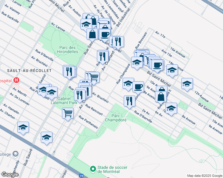 map of restaurants, bars, coffee shops, grocery stores, and more near 2505 Rue Champdoré in Montréal