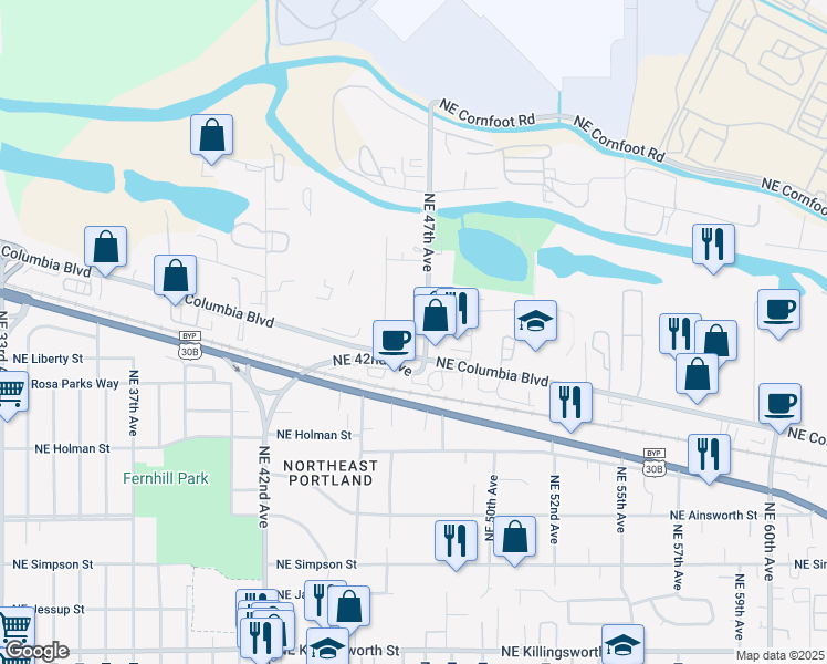 map of restaurants, bars, coffee shops, grocery stores, and more near 6647 Northeast 47th Avenue in Portland