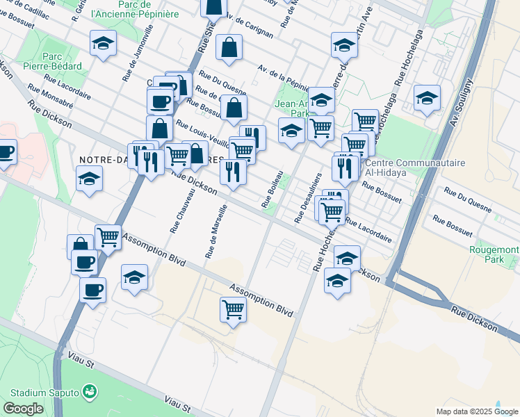 map of restaurants, bars, coffee shops, grocery stores, and more near 5707 Rue Boileau in Montréal