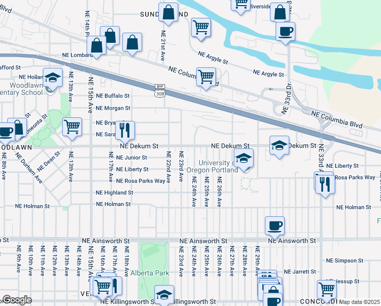 map of restaurants, bars, coffee shops, grocery stores, and more near 6715 Northeast 24th Avenue in Portland