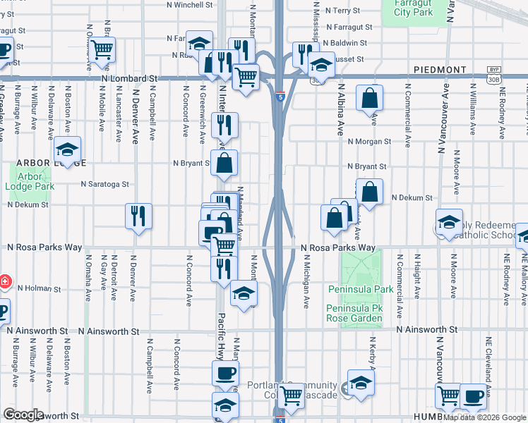 map of restaurants, bars, coffee shops, grocery stores, and more near 6710 North Montana Avenue in Portland