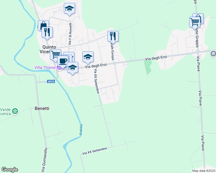 map of restaurants, bars, coffee shops, grocery stores, and more near 111 Via XXV Aprile in Quinto Vicentino