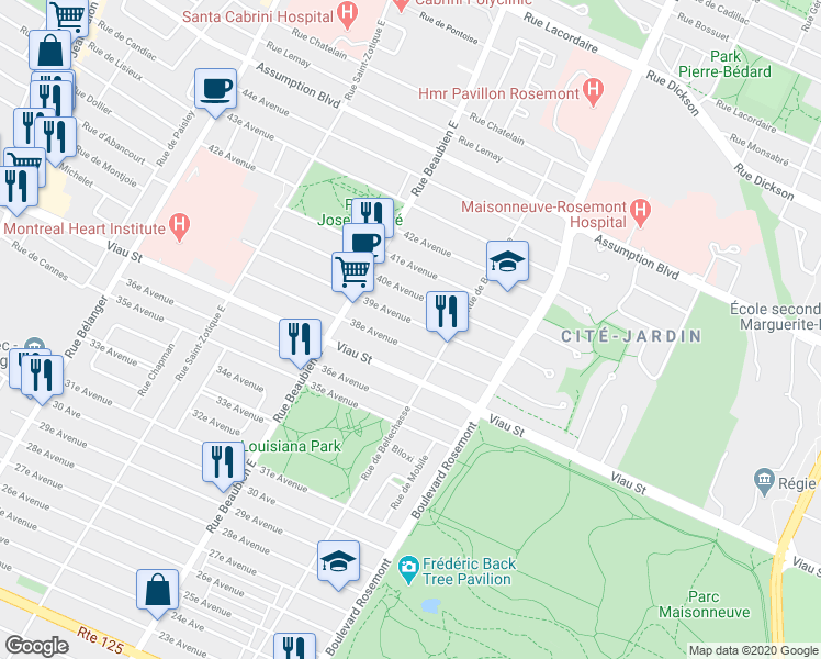 map of restaurants, bars, coffee shops, grocery stores, and more near 6320 39e Avenue in Montréal