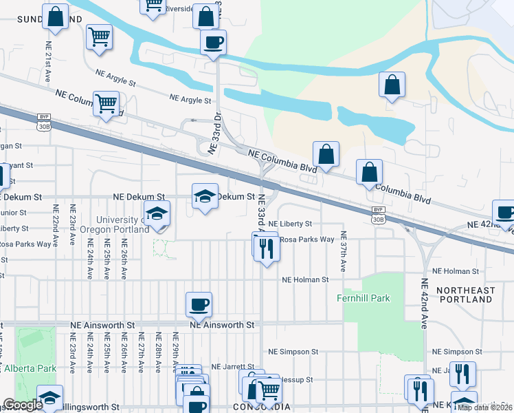 map of restaurants, bars, coffee shops, grocery stores, and more near 6721 Northeast 33rd Avenue in Portland