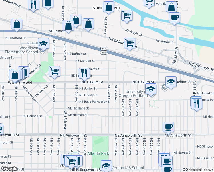 map of restaurants, bars, coffee shops, grocery stores, and more near 6715 Northeast 22nd Avenue in Portland