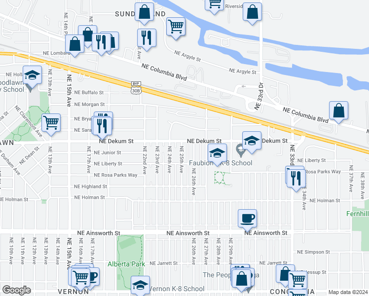 map of restaurants, bars, coffee shops, grocery stores, and more near 6716 Northeast 25th Avenue in Portland