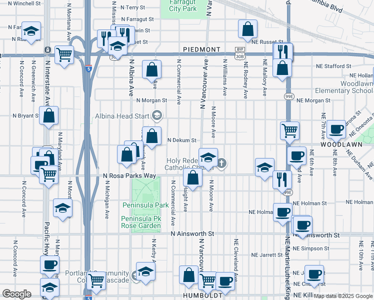map of restaurants, bars, coffee shops, grocery stores, and more near 6717 North Haight Avenue in Portland