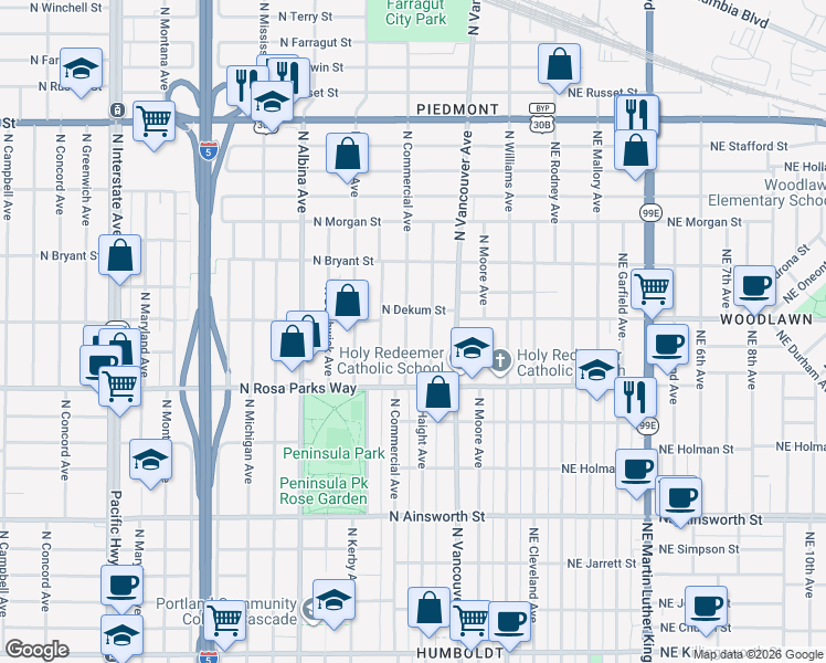 map of restaurants, bars, coffee shops, grocery stores, and more near 6716 North Commercial Avenue in Portland