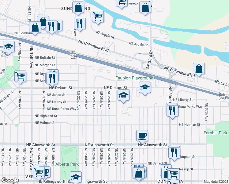 map of restaurants, bars, coffee shops, grocery stores, and more near 6717 Northeast 27th Avenue in Portland