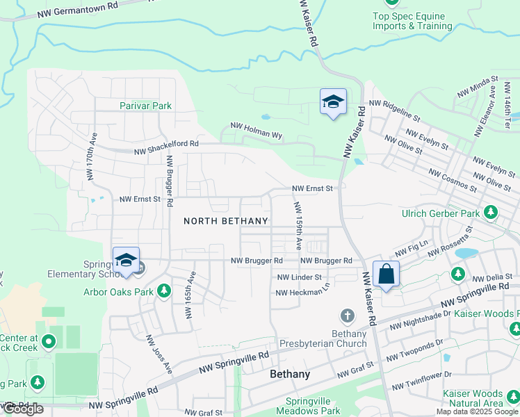 map of restaurants, bars, coffee shops, grocery stores, and more near 16106 Northwest Reliance Lane in Portland