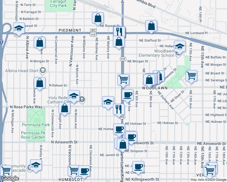 map of restaurants, bars, coffee shops, grocery stores, and more near 6719 Northeast Garfield Avenue in Portland