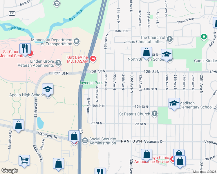 map of restaurants, bars, coffee shops, grocery stores, and more near 3519 11th Street North in St. Cloud