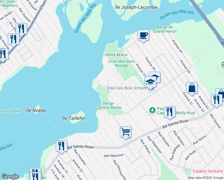 map of restaurants, bars, coffee shops, grocery stores, and more near 1200 Rue du Phare in Laval