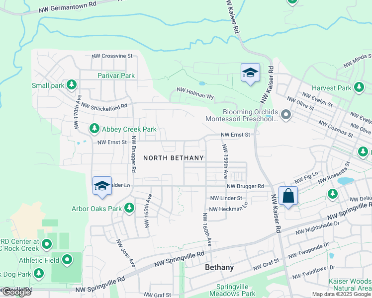 map of restaurants, bars, coffee shops, grocery stores, and more near 16186 Northwest Reliance Lane in Portland