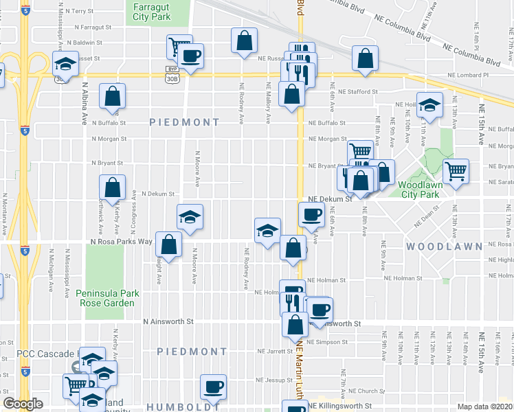 map of restaurants, bars, coffee shops, grocery stores, and more near 6720 Northeast Rodney Avenue in Portland
