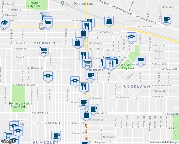 map of restaurants, bars, coffee shops, grocery stores, and more near in Portland
