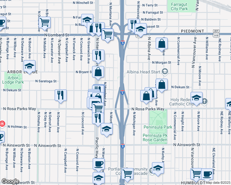 map of restaurants, bars, coffee shops, grocery stores, and more near 6710 North Montana Avenue in Portland