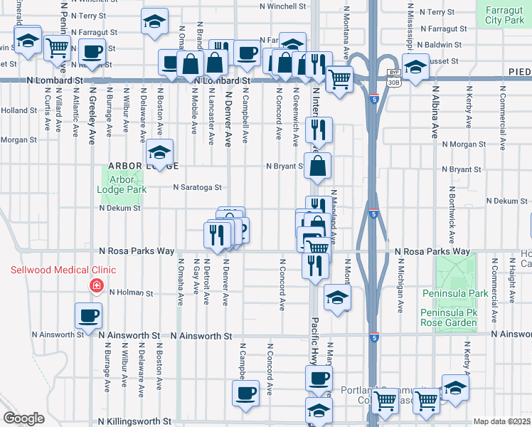 map of restaurants, bars, coffee shops, grocery stores, and more near 1734 North Dekum Street in Portland