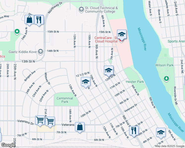 map of restaurants, bars, coffee shops, grocery stores, and more near 1250 10th Avenue North in St. Cloud